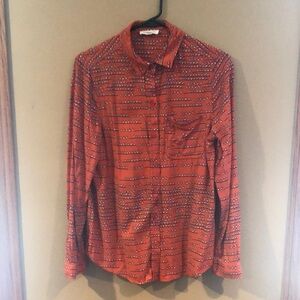 beachlunchlounge Women's Red Patterned Button Down Shirt, medium